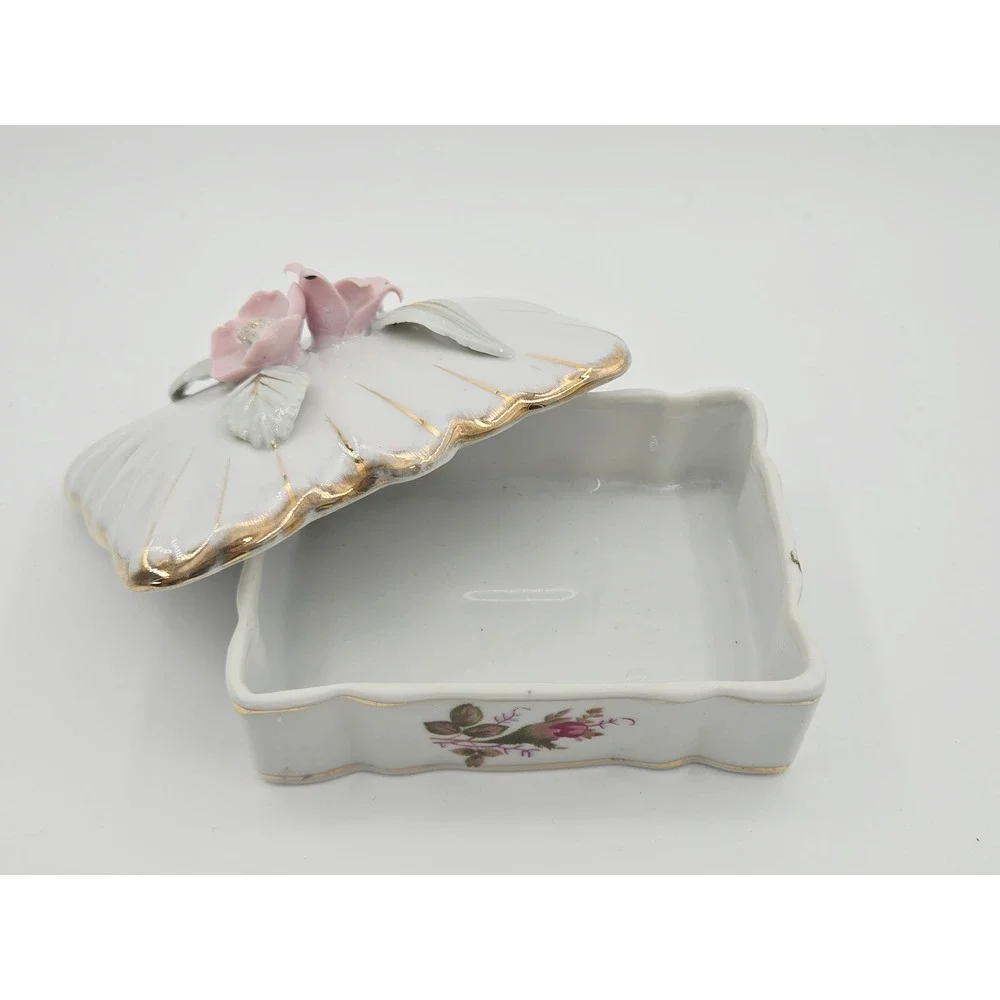 Vintage Royal Sealy Japan Porcelain Trinket Box and Ring Dish 3 pc Set Rose Gold